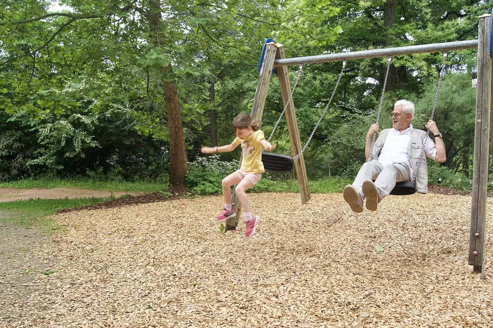 A grandfather and his granddaughter on the swings in a leafy park